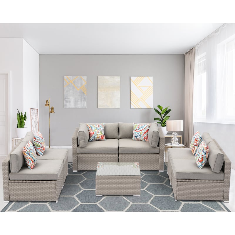 COSIEST 7-Piece Outdoor Patio Sectional Wicker Sofa With Coffee Table