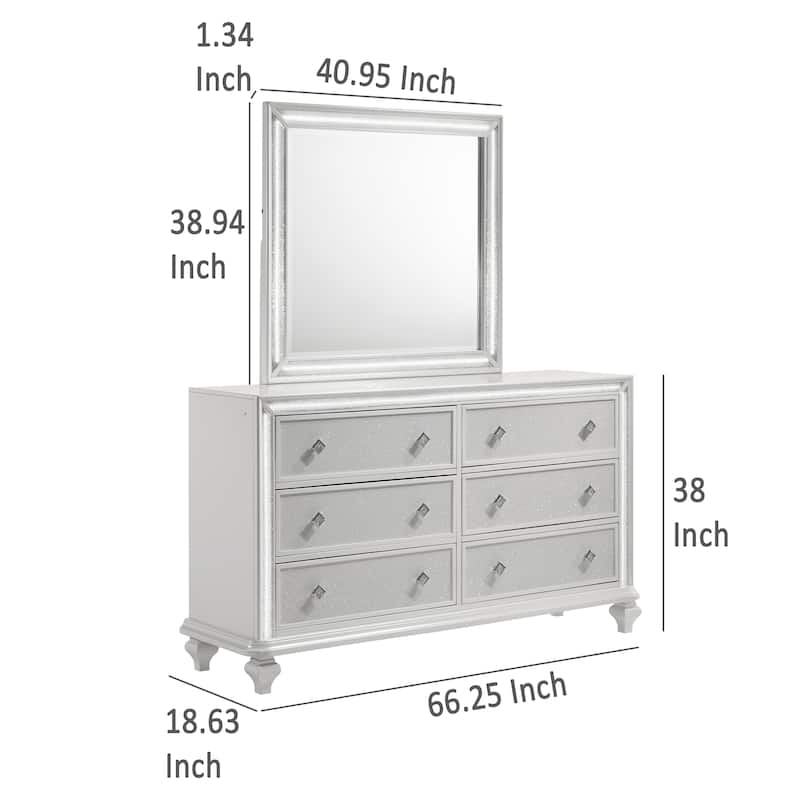 Stacy Wide Dresser with 8 Drawers and LED Lights, Silver, White Wood
