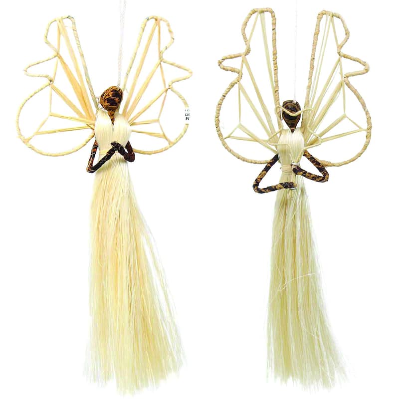 Handmade Banana Fiber Angel Ornaments, Set of 2 - Tan