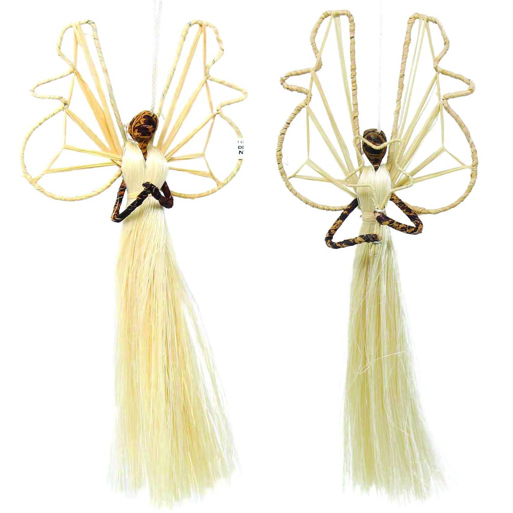 Handmade Banana Fiber Angel Ornaments, Set of 2