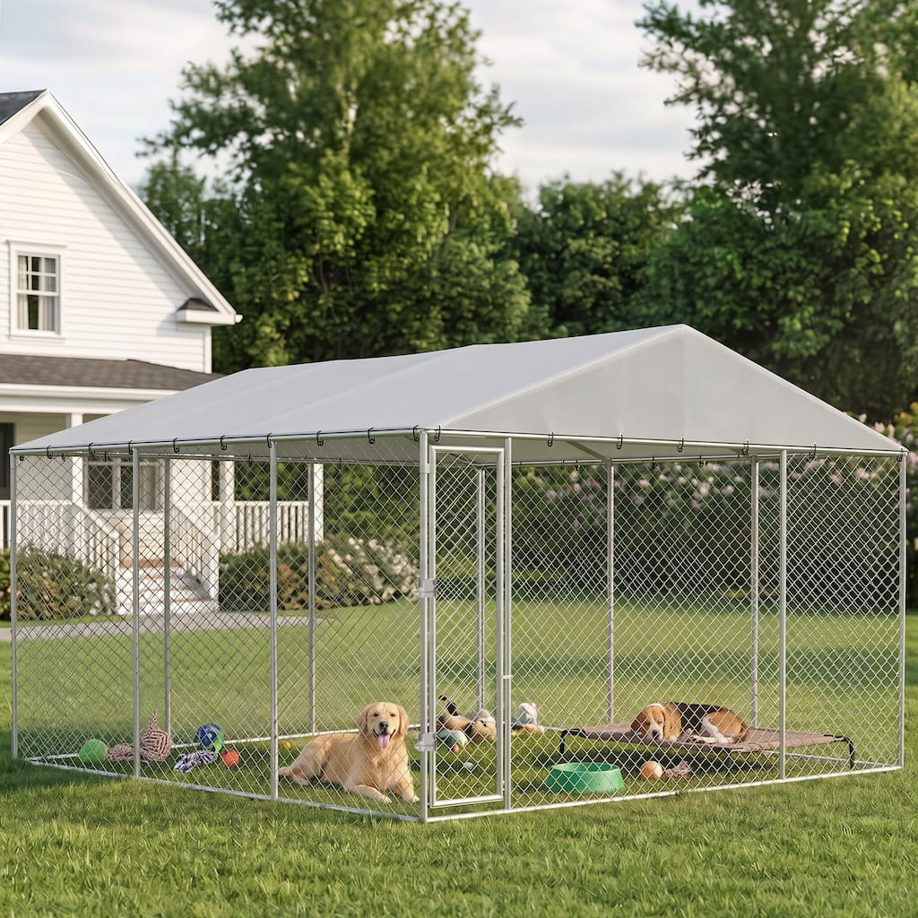 PawHut Extra Large Outdoor Dog Kennel, Heavy Duty Chain Link Run with Waterproof Cover, Double Locks