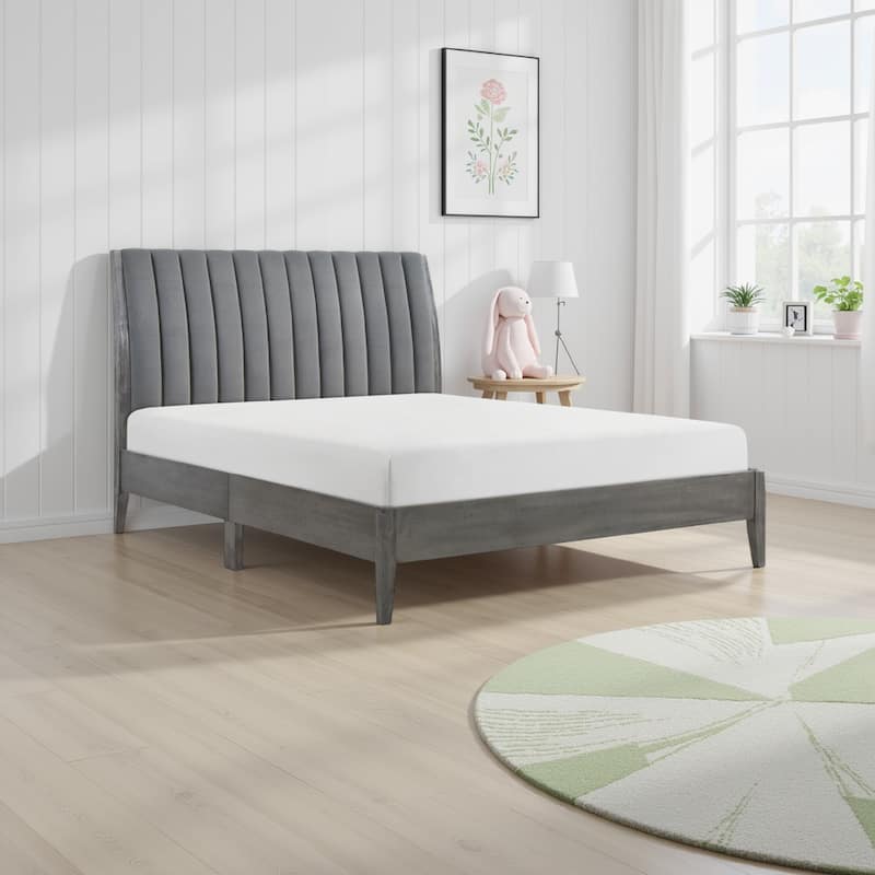 Ryla King Size Platform Bed, Gray Tufted Velvet Upholstered Panel Headboard