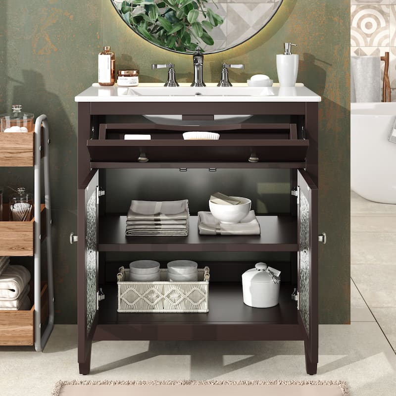30" Modern Bathroom Vanity Set with Ceramic Sink - Adjustable Shelf & Tip-Out Tray, Soft-Close Hinges, Silver Knobs