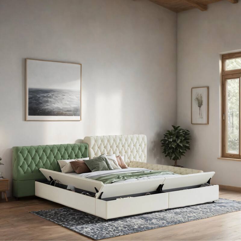 King Size Upholstered Bed with Storage Compartments and Footboard - Beige