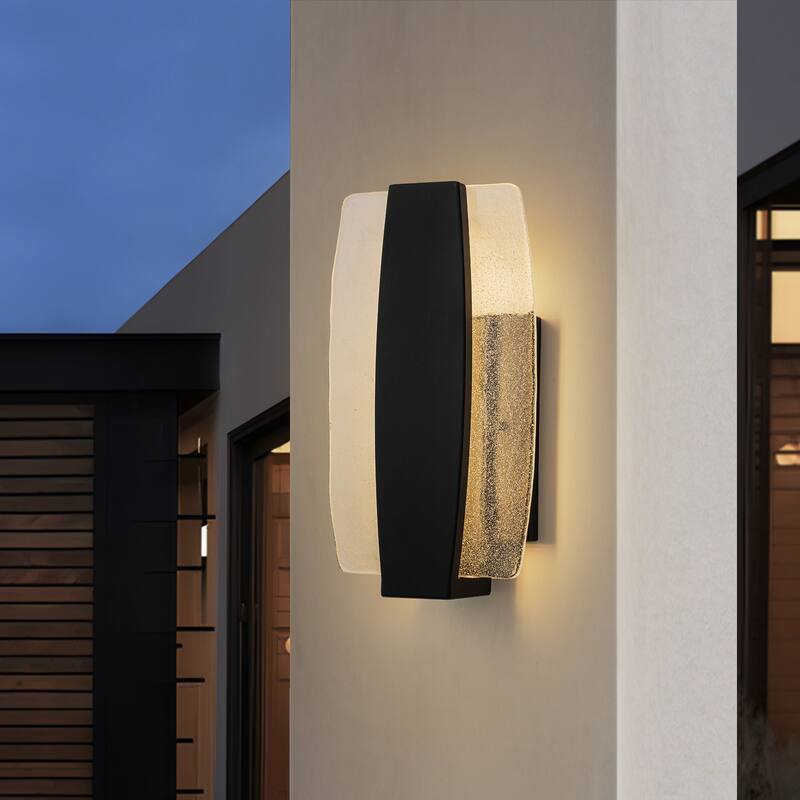 Modern 1-Light Integrated LED 3000K Warm Light Outdoor Wall Sconce with Seeded Glass - H15" x W8.3" 