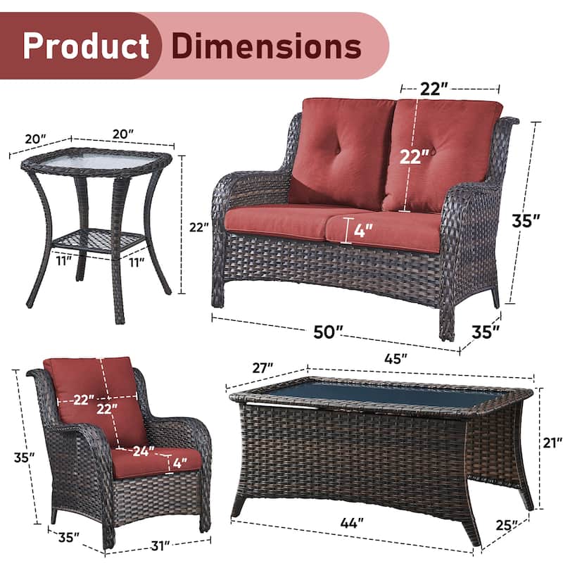 Pocassy 5 Pieces Outdoor Patio 2-Seat Sofa Chairs with Coffee Table