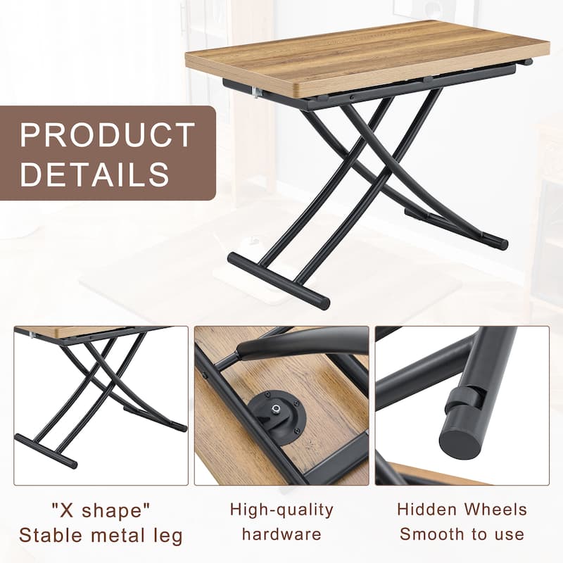 Modern minimalist multifunctional lift table with 0.8 inch thick MDF desktop and black metal legs,dressing table, coffee table