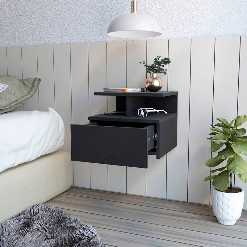 Wall-Mounted Nightstand with Drawer, Black Wengue Finish