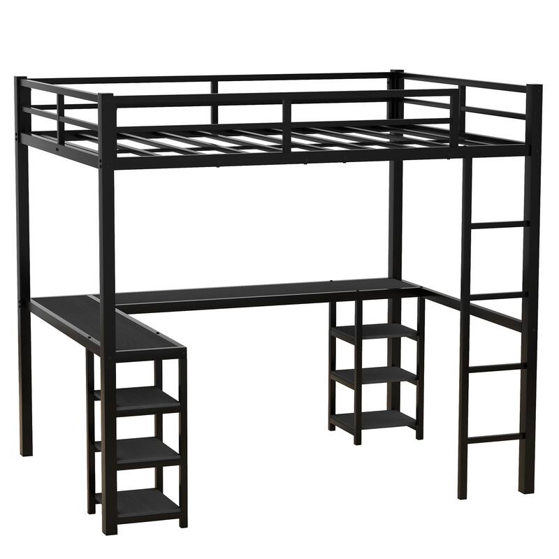 Black Full Size Metal Size Loft Bed with Desk and Shelves, Loft Bed with Ladder and Guardrails, Loft Bed Frame for Bedroom
