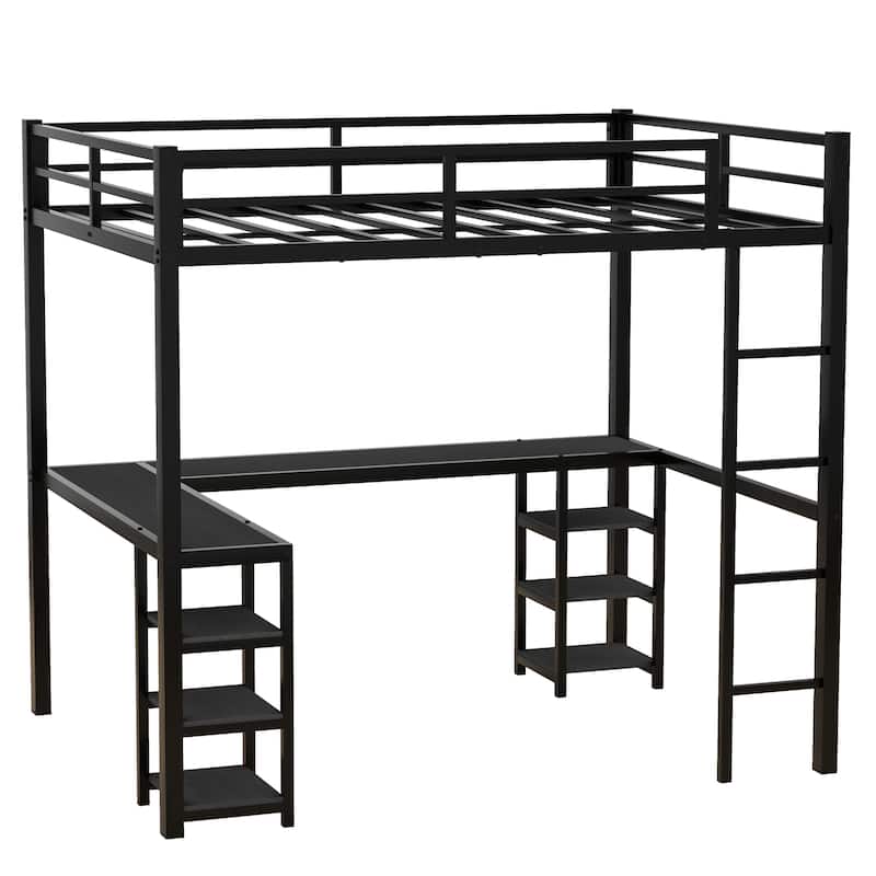 Full Size Metal Loft Bed with L-Shaped Workstation, Built-In Shelves and Guardrails
