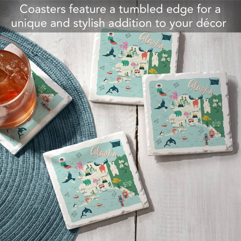 Alaska 4-Pack Absorbent Stone Coasters with Protective Cork Backing 4" Square Made in The USA Easily Wipes Clean