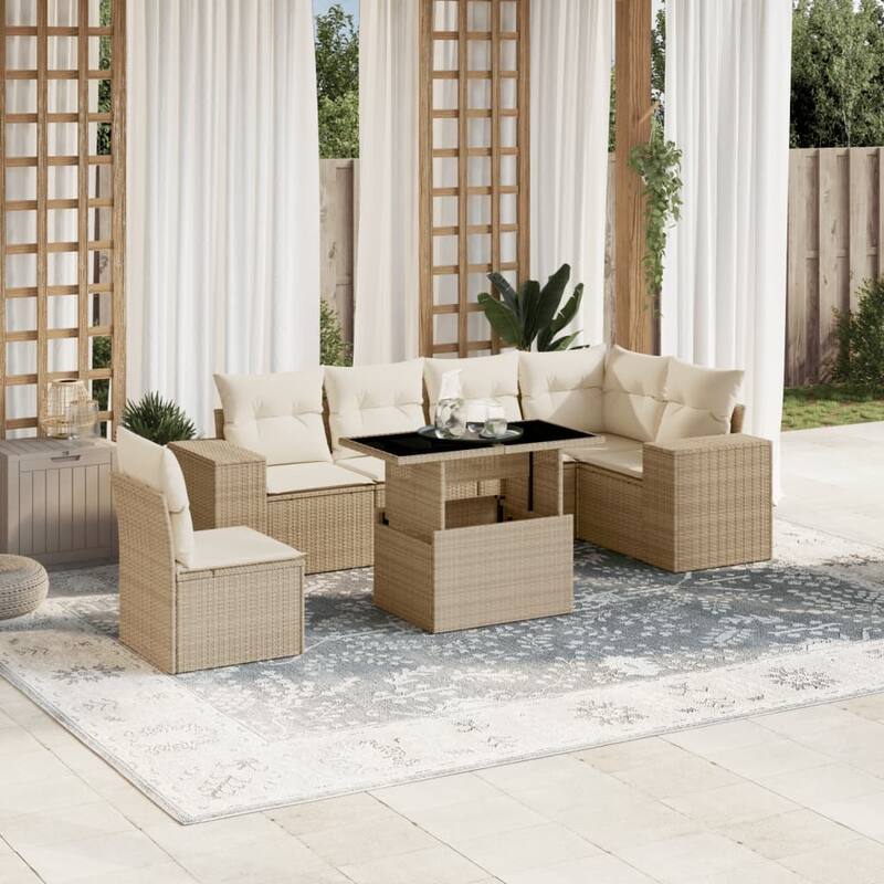 vidaXL Patio Sofa Set with Cushions Outdoor Furniture 7 Piece Poly Rattan - 21.7 x 39.4 x 28.7 - Beige and Cream