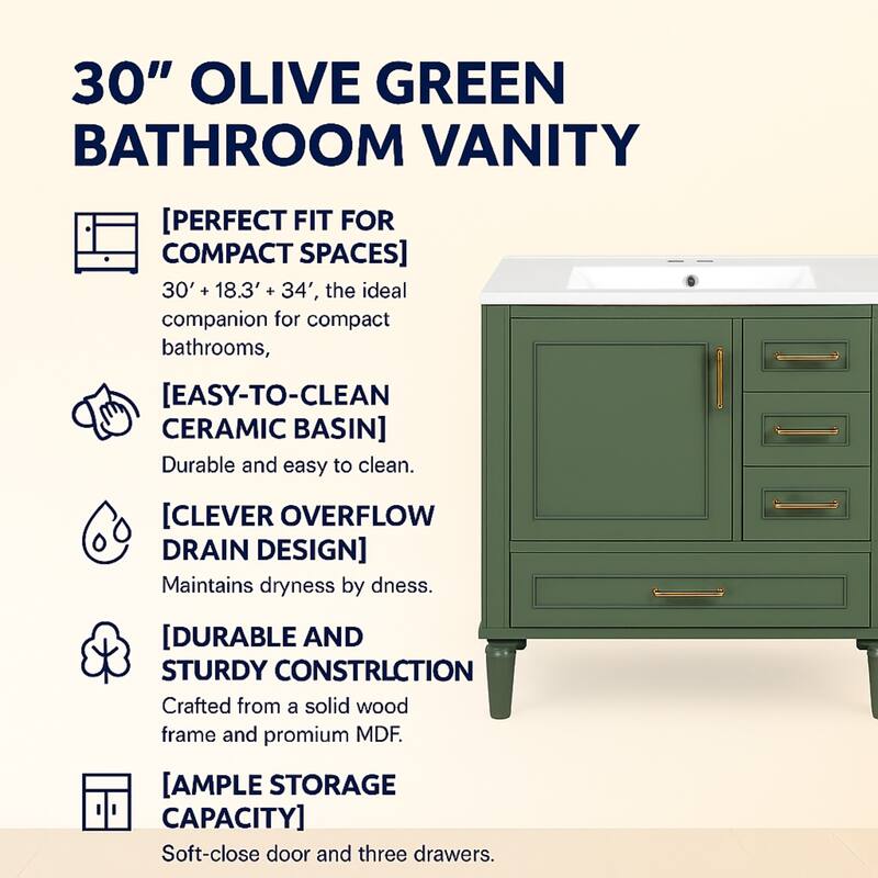 30" Ceramic Sink Bathroom Vanity with Gold Handles, Soft-Close Storage & Space-Saving Design