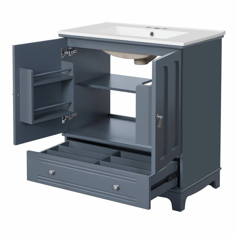 30" Bathroom Vanity with Ceramic Sink - Solid Wood Frame Bathroom Sink Cabinet with Adjustable Shelf