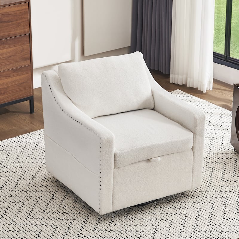 Teddy Upholstered Swivel Accent Chair, Single Sofa Chair with High Backrest, Lounge Armchair with Metal Base & Side Pocket