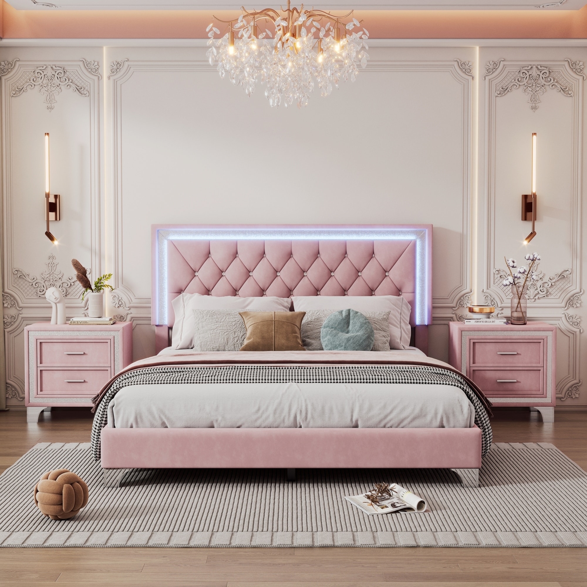 3 Pieces Bedroom Sets Queen Size Upholstered Platform Bed with LED