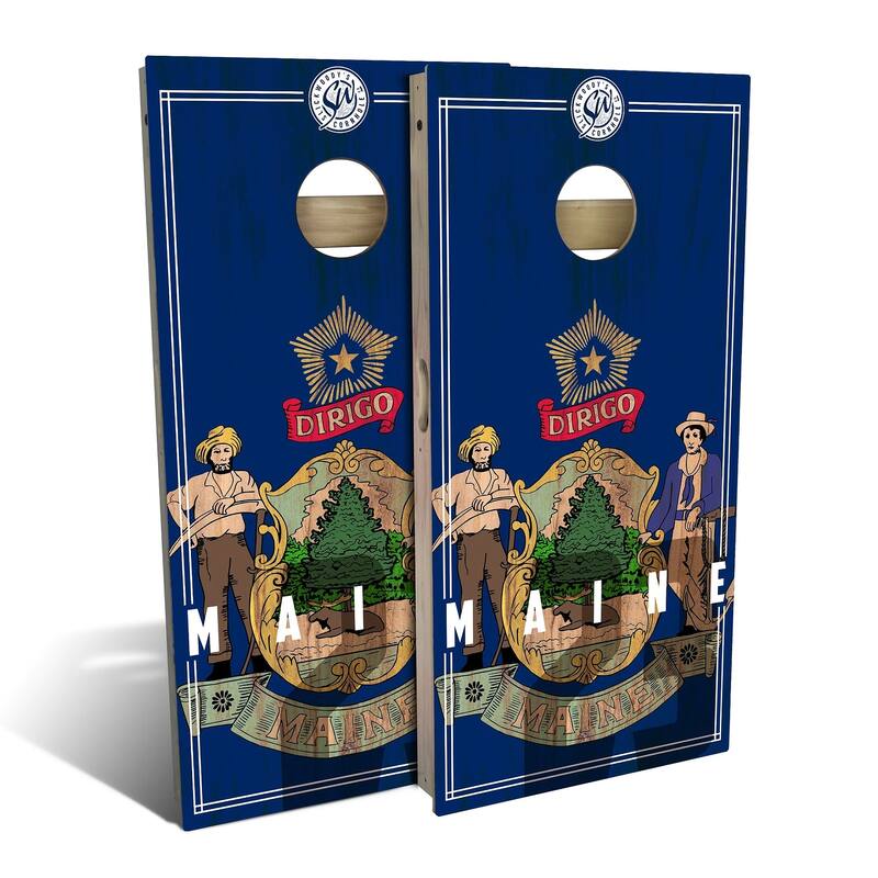 Maine State Flag 2 Outdoor Cornhole Board Set - Backyard 2x4 - Include Carrying Case