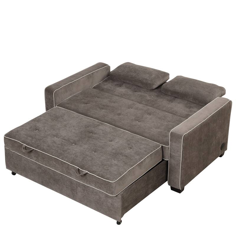 Upholstered Loveseat Pull Out Sofa Bed, Lounge Couch w2 Pillows & 2 USB Port, Adjustable Backrest Futon Sofa Tufted Couch