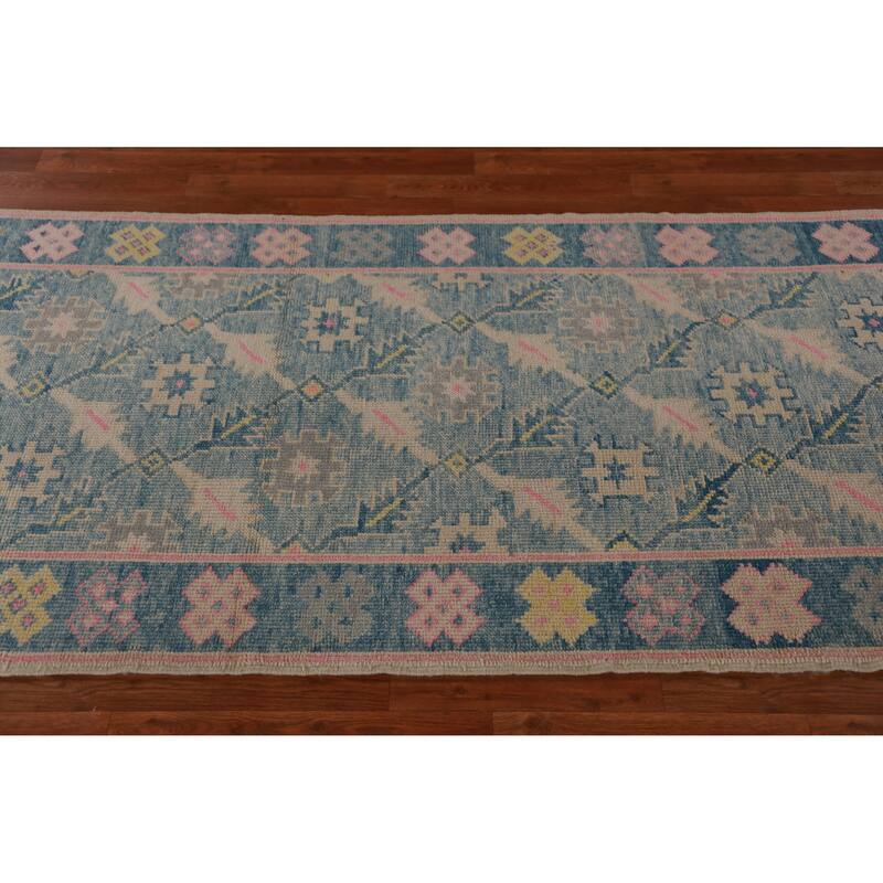 Hand Knotted Oriental 100% Wool Carpet Transitional Floral Navy Blue & Blues Oushak Runner Rug - 16' 7'' X 3' 6''