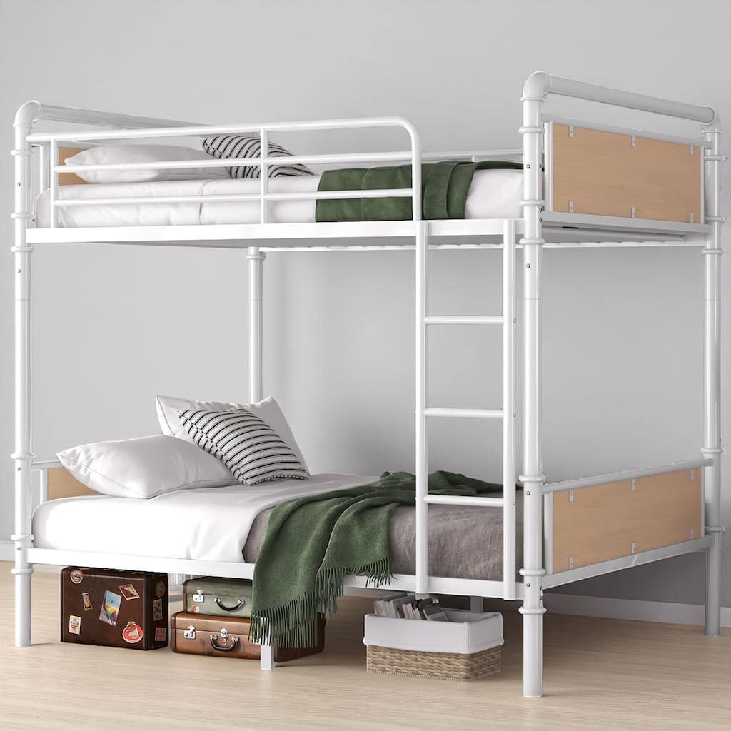 Industrial Twin XL Metal Bunk Bed with Wood Accents, Detachable Frame with Safety Rails and Underbed Storage