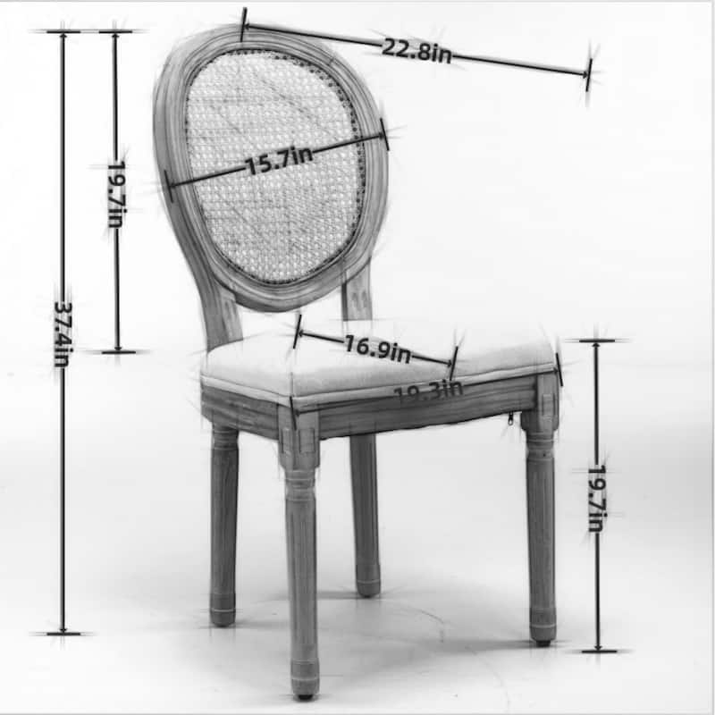 Exquisite Solid Wood Frame Dining Chair with Linen Fabric and Rattan Backrest, Set of 2