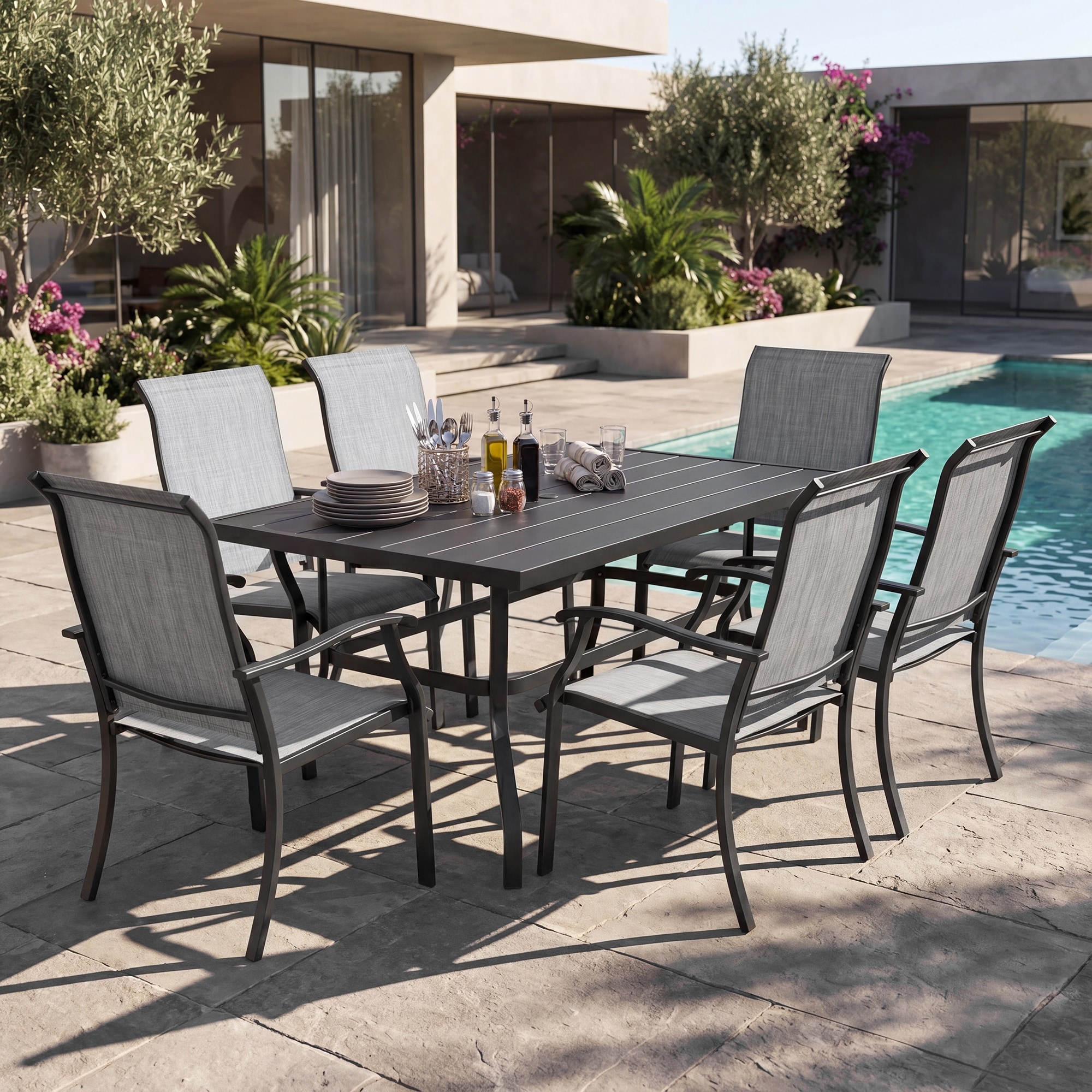 Nuu Garden Outdoor 7-Piece Dining Set, Textilene Fabric, Powder