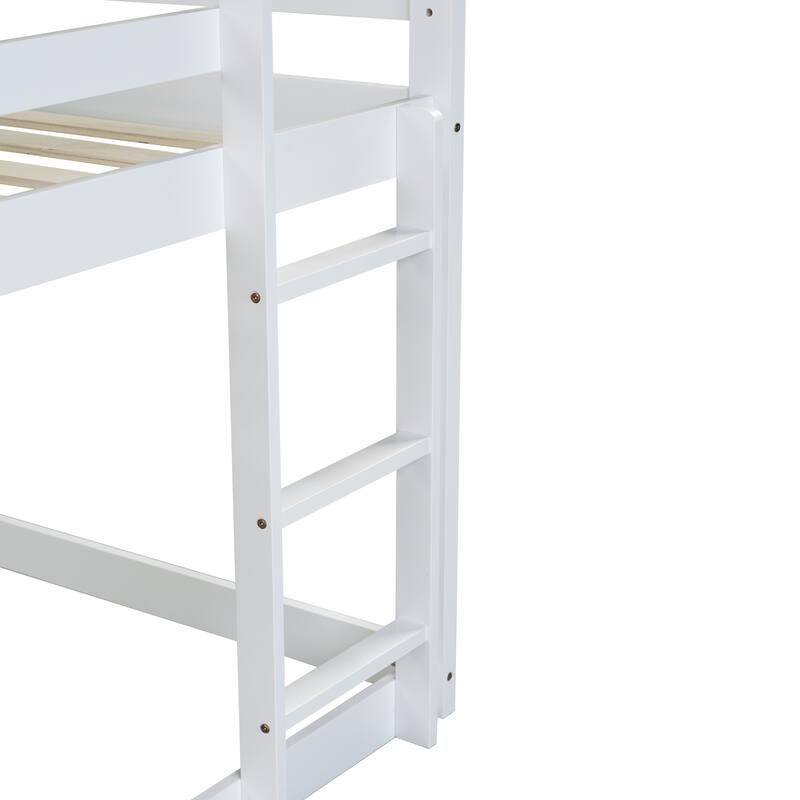 Twin over Twin Rubber Wood Floor Bunk Bed, with ladder,Guardrails,House-Shaped-Bunk Bed