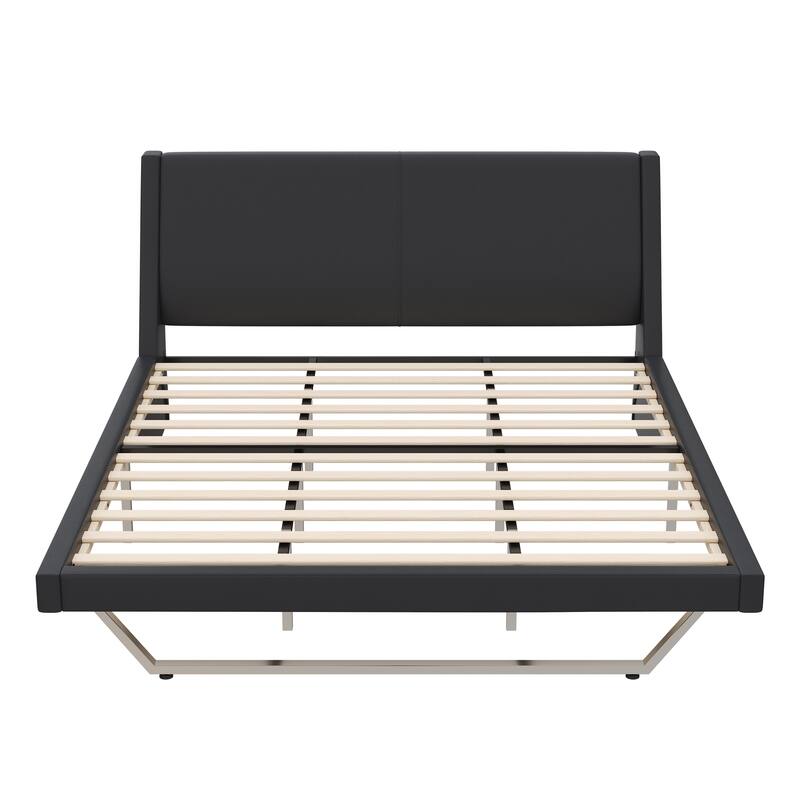 Wave-Like Curve Design Platform Bed Pu Leathe Upholstered Bed Frame Wooden Slat Support