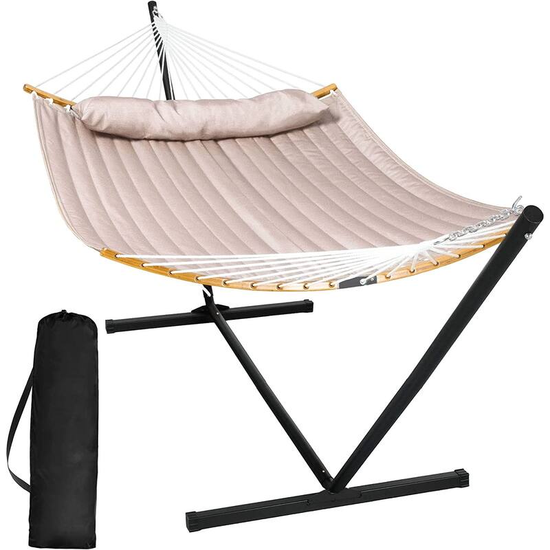 Outdoor 55 Inch 2 Person Hammock with Stand and Pillow by Suncreat - Tan