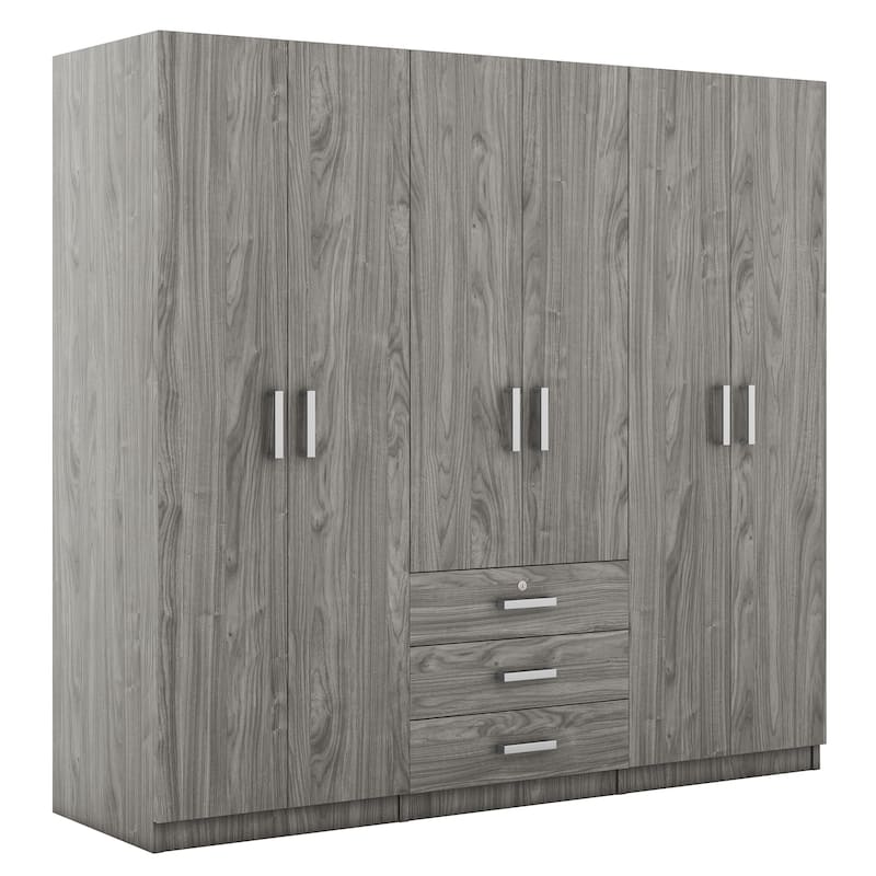 6-Doors Wardrobe Armoire with 3 Drawer, Shelves and Hanging Rail