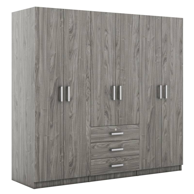6-Doors Wooden Wardrobe Storage Modern Simple Wardrobe Hidden Wardrobe with Big Drawers and Silver Handles for Cloakroom