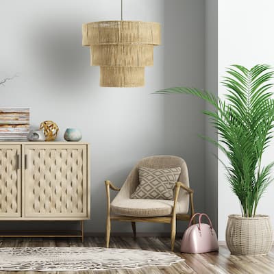 Primrose River of Goods Tan and Black Jute and Metal 19.75-Inch Pendant Light with Adjustable Hanging Cord