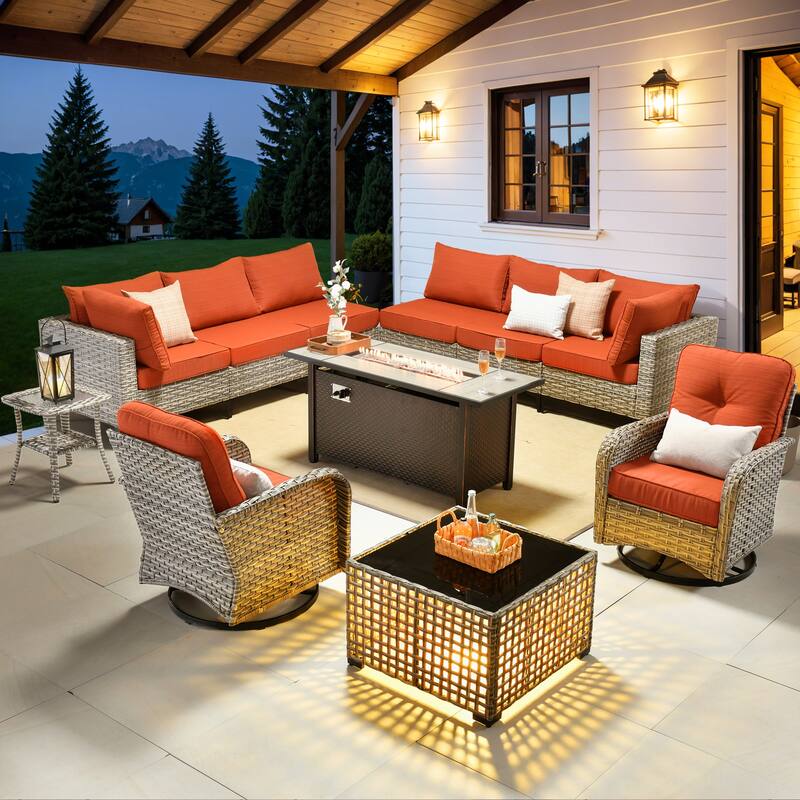 OVIOS 11 Pieces Outdoor Wicker Swivel Chair Set With Fire Table