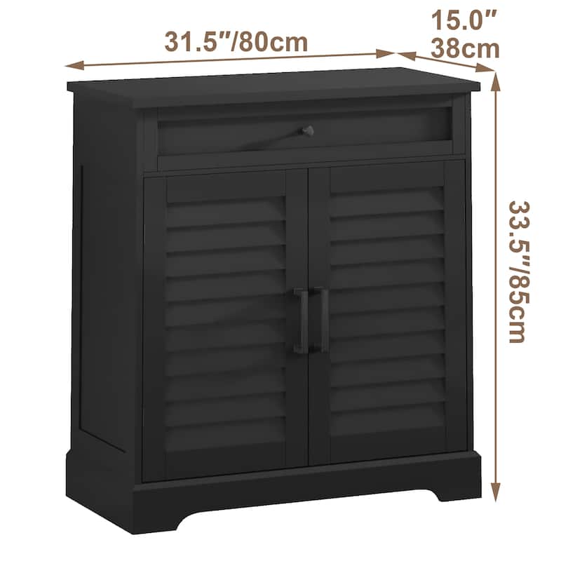 16 Pair Shoe Cabinet with Shuttered Doors, Wood Storage Cabinet with Drawer, Large Storage Entryway Accent Cabinet