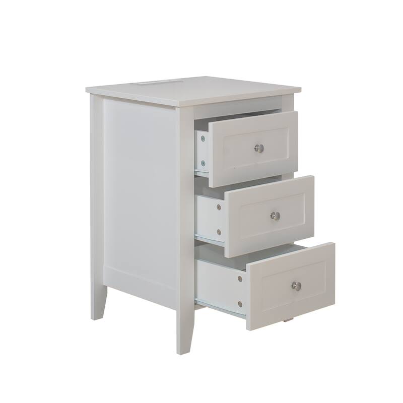 Anmytek White Nightstand with USB Charging Ports 3 Drawer Bedside Table Power Outlet Modern