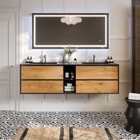 Eviva Vienna 75 inch White Oak with Black Frame Wall Mount Double Sink Bathroom Vanity with Black Integrated Acrylic Top