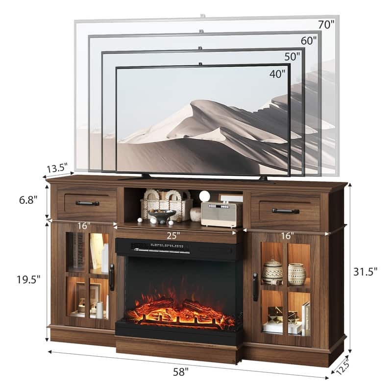 Farmhouse 58'' TV Stand For Tvs Up To 70'' With Electric Fireplace and Adjustable Shelves with Glass Door