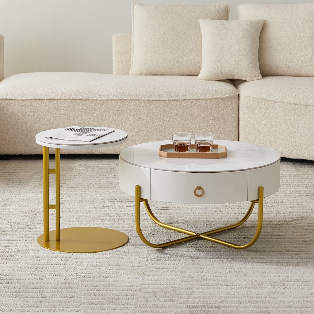 Modern Marble Nesting Table, Round Coffee Table Set of 2 End Table f Stacking Side Tables