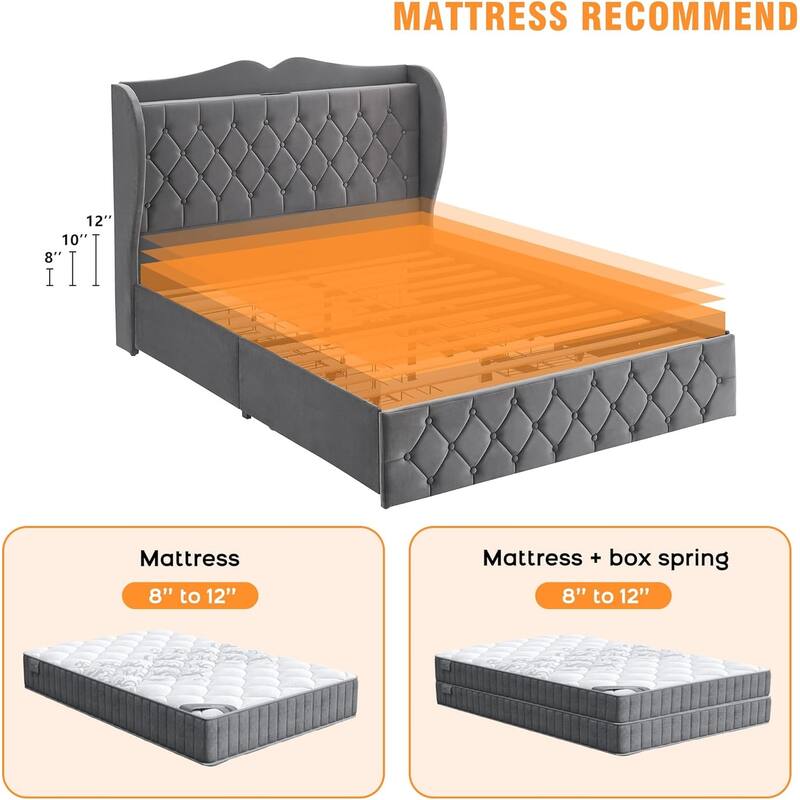 King Size Bed Frame with Charging Station and 4 Storage Drawers