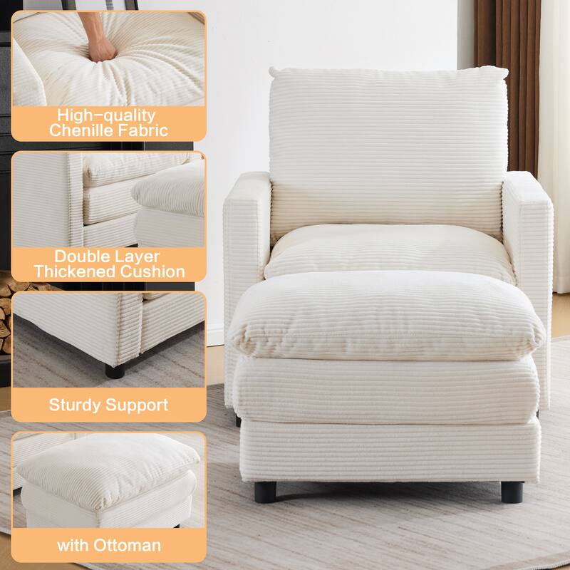 Corduroy Armchair Set with Ottoman