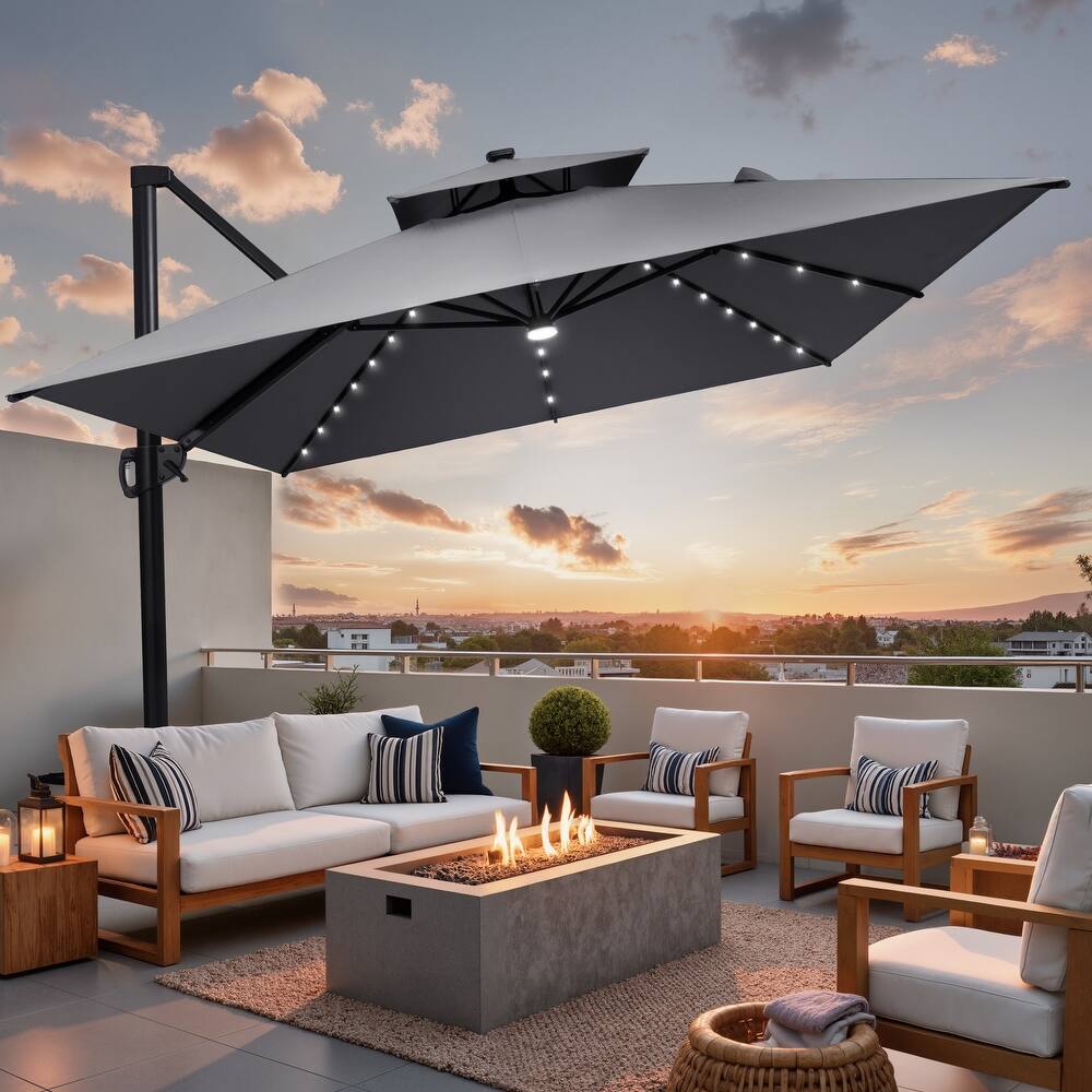 9 X 11 FT Outdoor Patio Cantilever Umbrella with Solar Lights Double Canopy 360 Rotation Tilt