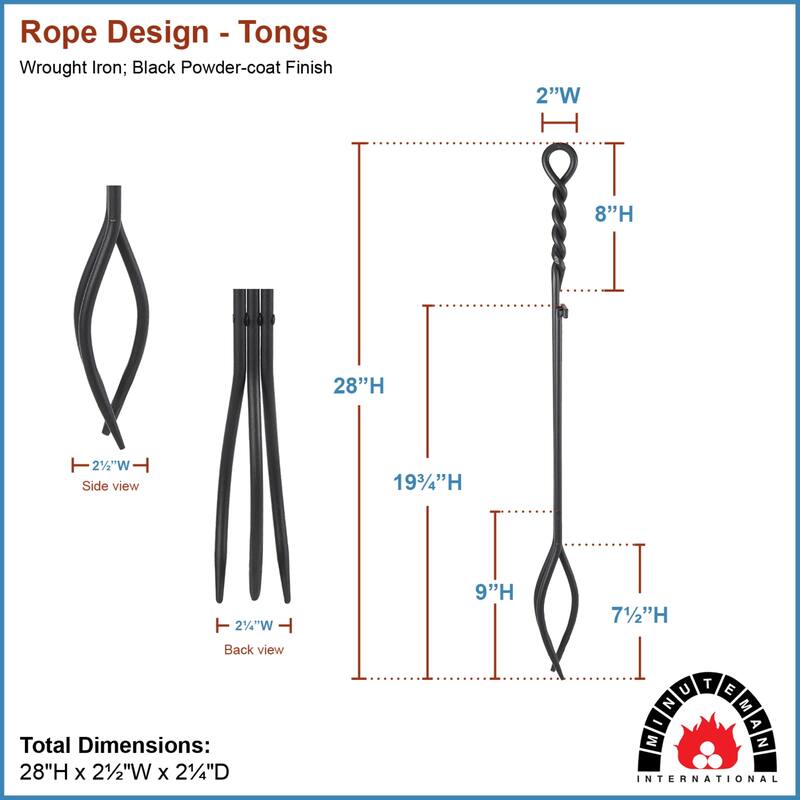 Achla Designs Rope Design Standard Fireplace Tongs, 28 Inch Tall, Black