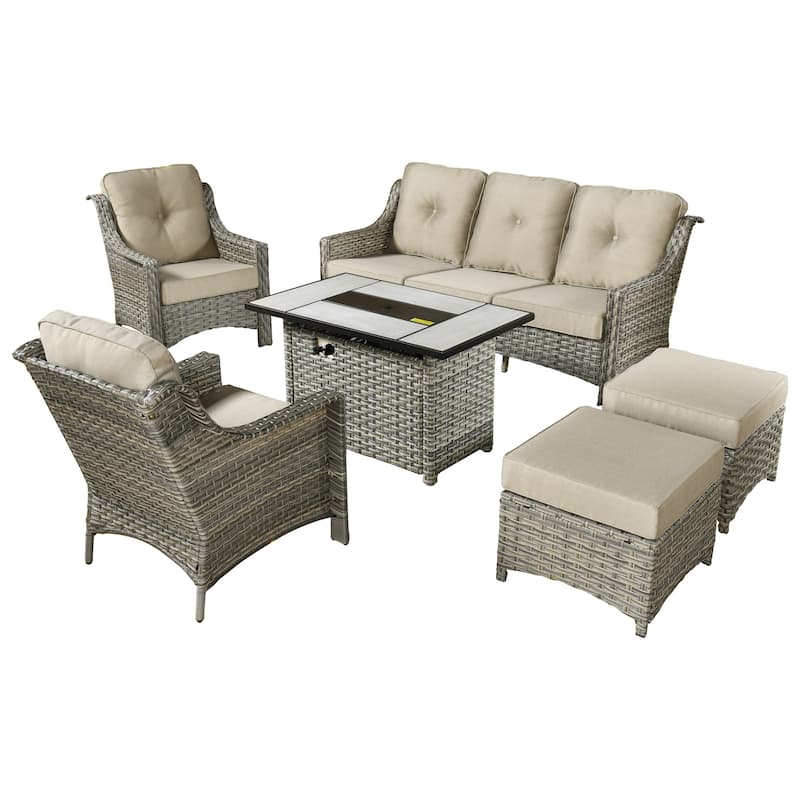 XIZZI 6-piece Rattan Wicker Outdoor Furniture Deep Seat Sofa Set with Fire Pit