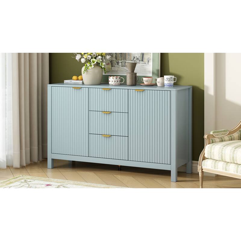 Roomfitters Sideboard Buffet Cabinet with 3 Drawers, Mid-century Modern Fluted Accent Storage for Kitchen & Dining, Cyan