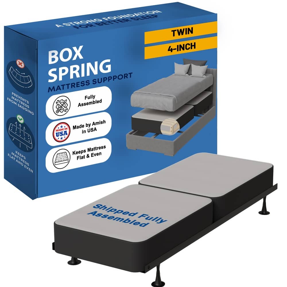 Onetan 4-Inch Wooden Box Spring, Low Profile Split Bed Foundation Ideal for Mattress, No Assembly Needed, White & black.