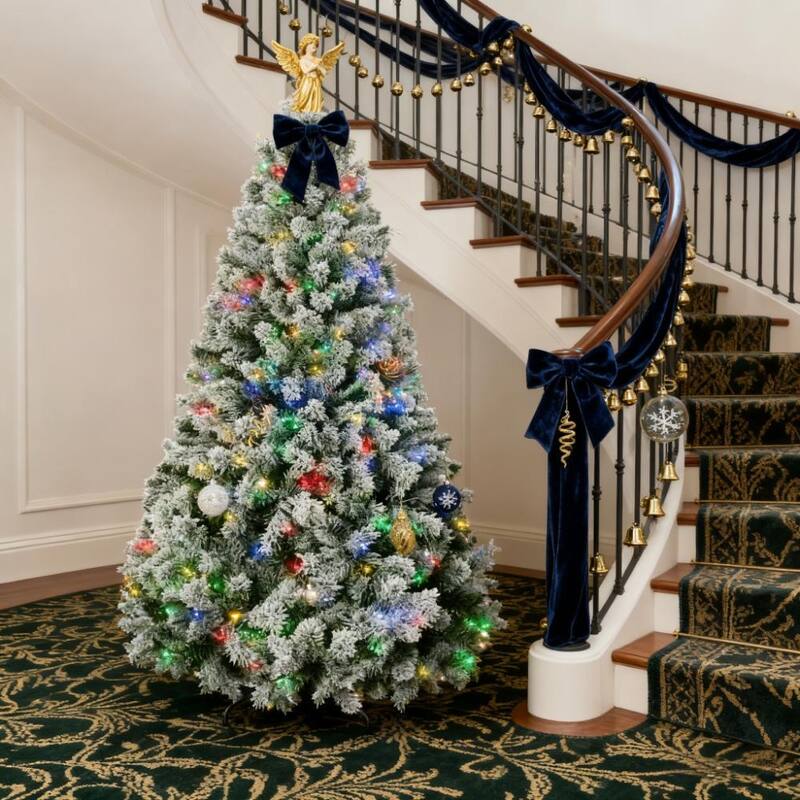 Christmas Trees,Artificial Snow Christmas Trees with Frosted Branches, Warm White or Colorful LED Lights, Steel Base - Green