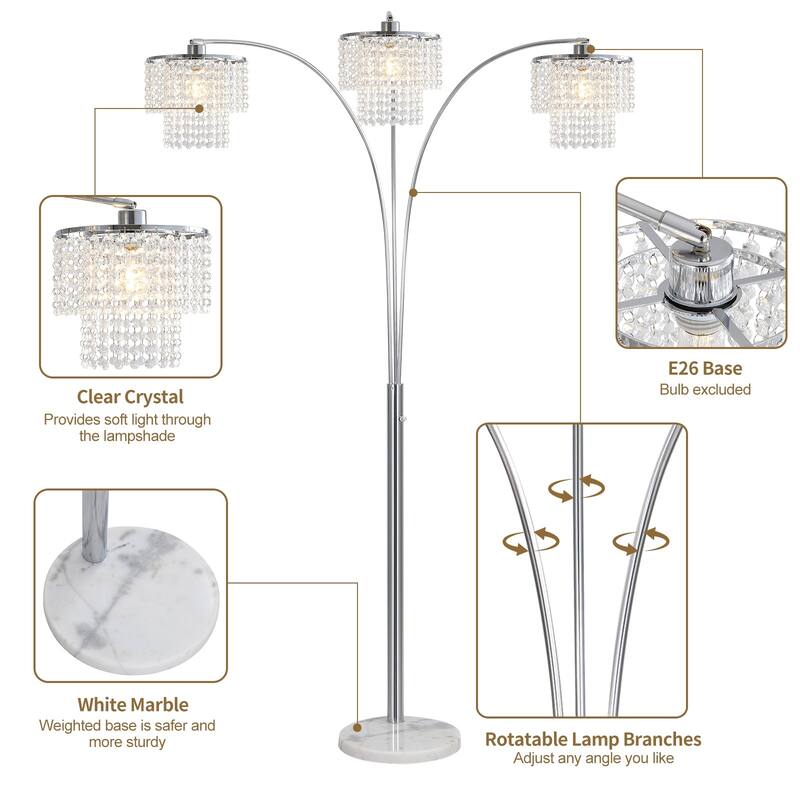 Brio 90" 3-Light Modern Crystal Arc Floor Lamp - 85