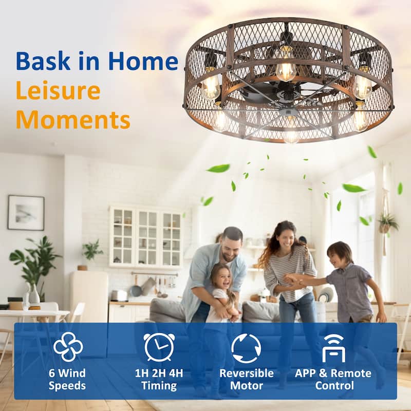 20-26Inch Caged Ceiling Fan with Light and Remote: APP Control Quiet DC Motor (E26 Bulbs Included)