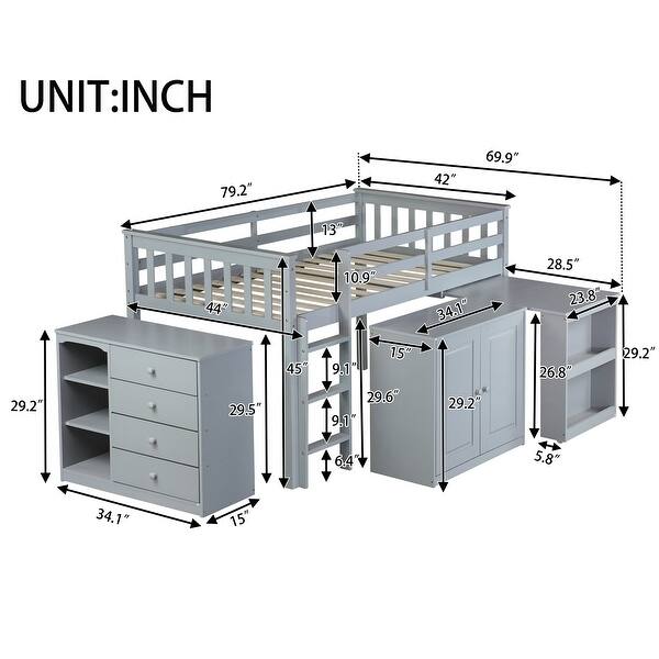 dimension image slide 0 of 2, Twin Loft Bed with Pull-Out Desk, Built-in Cabinets, Drawers, Shelves, and Safety Guardrail, Solid Rubber Wood Frame with Ladder