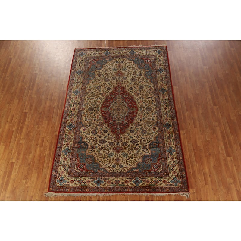 Hand Knotted Oriental 100% Wool Carpet Traditional Medallion Beige & Ivories Yazd Area Rug - 10' 7'' X 6' 10''